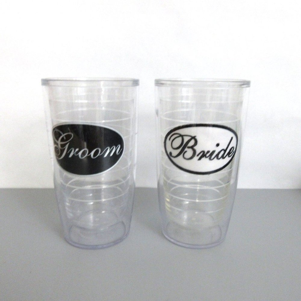 Tervis Tumbler 16oz Matching 2 PC Set Bride & Groom Wedding Clear Insulated Cups